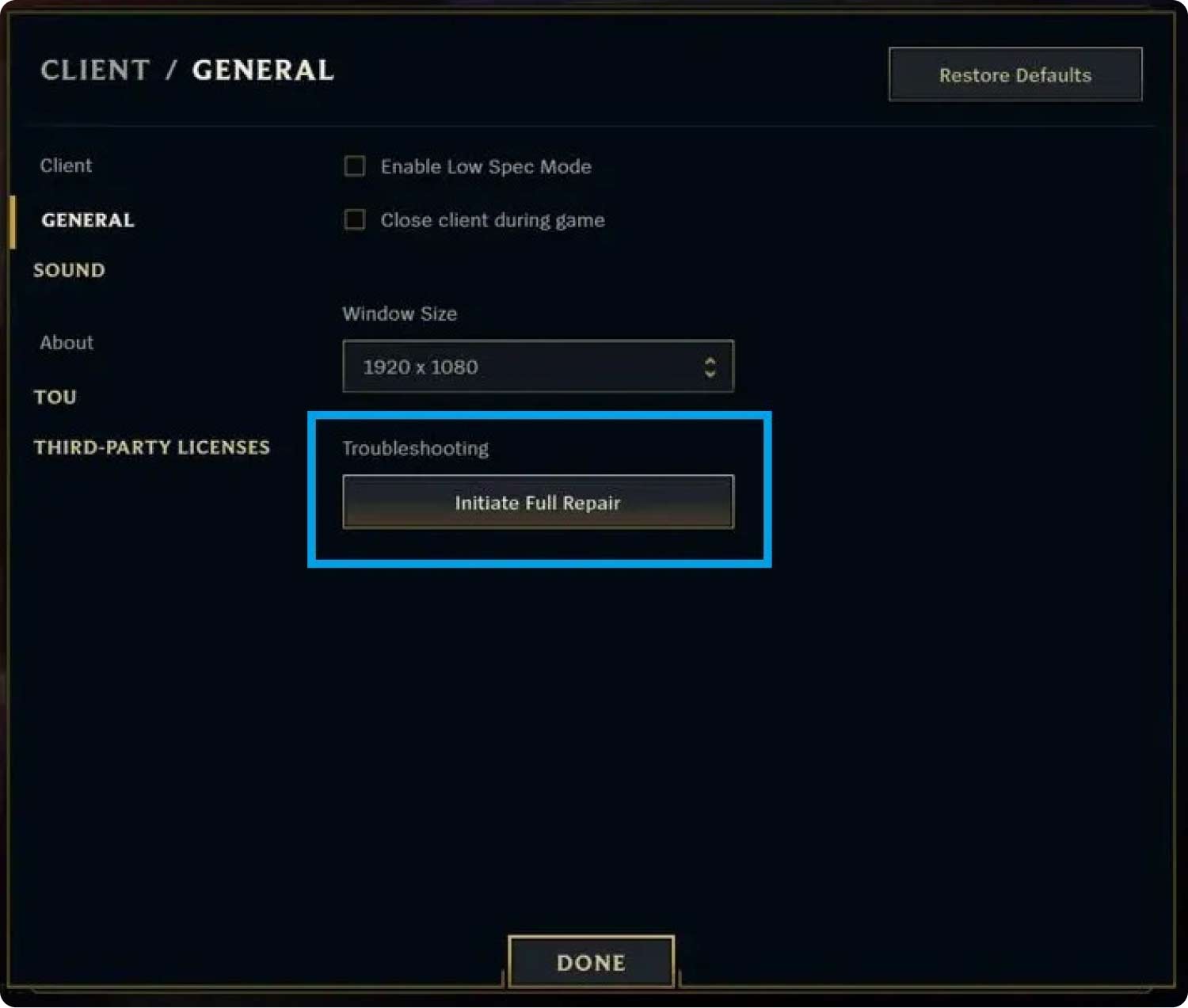 Réparer le client cassé de League of Legends