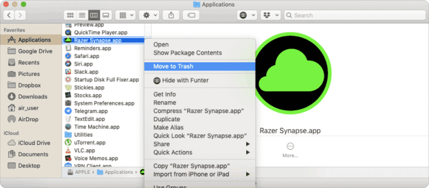 Disinstalla Razer Synapse su Mac utilizzando il Finder