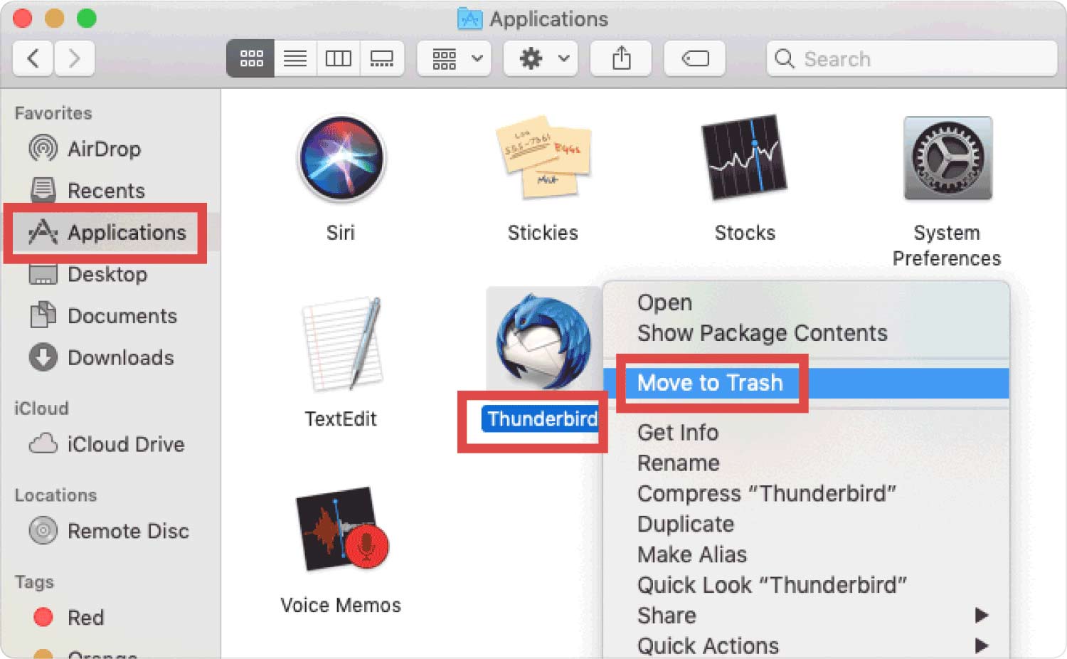 Disinstalla manualmente Thunderbird su Mac