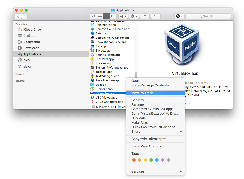 Mac で Finder を使用して VirtualBox をアンインストールする